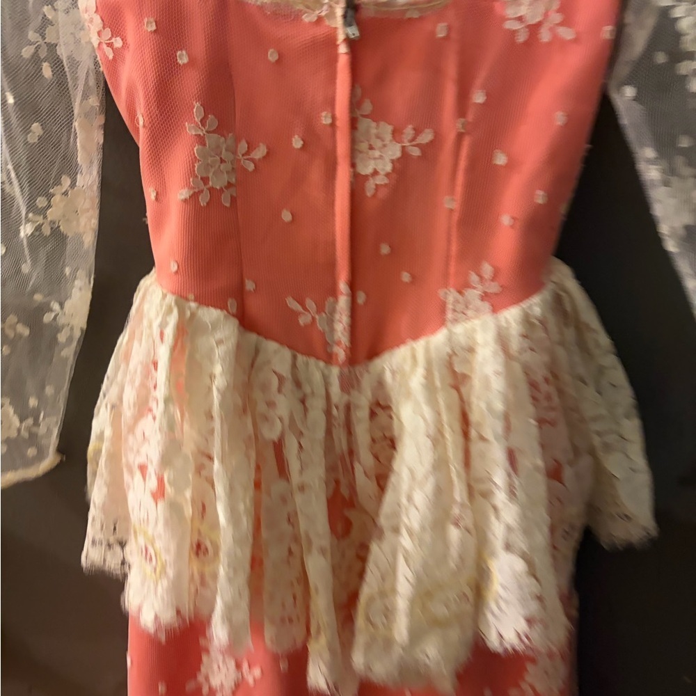 Vtg handmade  Pink and White maxi sweetheart neck Lace ruffle Dress - Picture 5 of 6